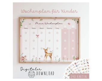 Wochenplan für Kinder zum Ausdrucken im Reh Design visuelle Wochenübersicht Montessori inspiriert mit Symbolen für mehr Struktur im Alltag
