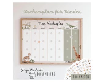 Wochenplan für Kinder zum Ausdrucken wilde Tiere visuelle Wochenübersicht Montessori inspiriert mit Symbolen für mehr Struktur im Alltag