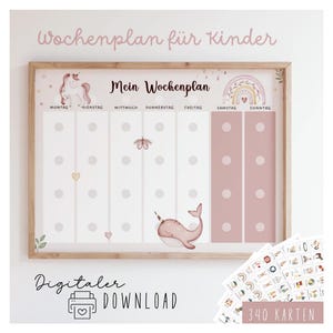 Wochenplan für Kinder zum Ausdrucken Einhorn und Wal visuelle Wochenübersicht Montessori inspiriert mit Symbolen für mehr Struktur im Alltag
