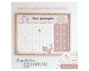Wochenplan für Kinder zum Ausdrucken Einhorn und Wal visuelle Wochenübersicht Montessori inspiriert mit Symbolen für mehr Struktur im Alltag