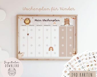 May include: A weekly planner chart for children titled Mein Wochenplan, featuring a light beige and white grid with illustrations of a lion and a bear. The chart includes seven columns for days of the week, with a set of 340 small activity cards.