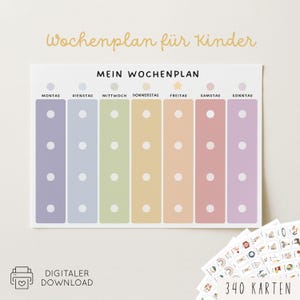 Könnte beinhalten: Ein Wochenplaner mit der Überschrift MEIN WOCHENPLAN, der sieben vertikale Spalten in Pastellfarben mit jeweils vier weißen Punkten für Aufgaben enthält. Darüber steht Wochenplan für Kinder und unten sind 340 Karten abgebildet.