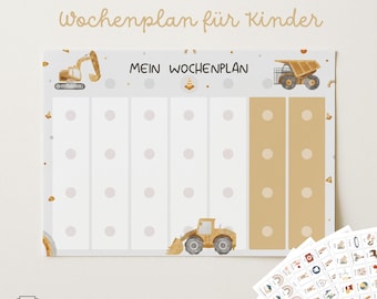 Puede incluir: Un planificador semanal para niños con ilustraciones de vehículos de construcción, el texto MEIN WOCHENPLAN y una cuadrícula con columnas en gris claro y beige. Se muestra una pila de 340 tarjetas pequeñas con iconos en la esquina inferior.