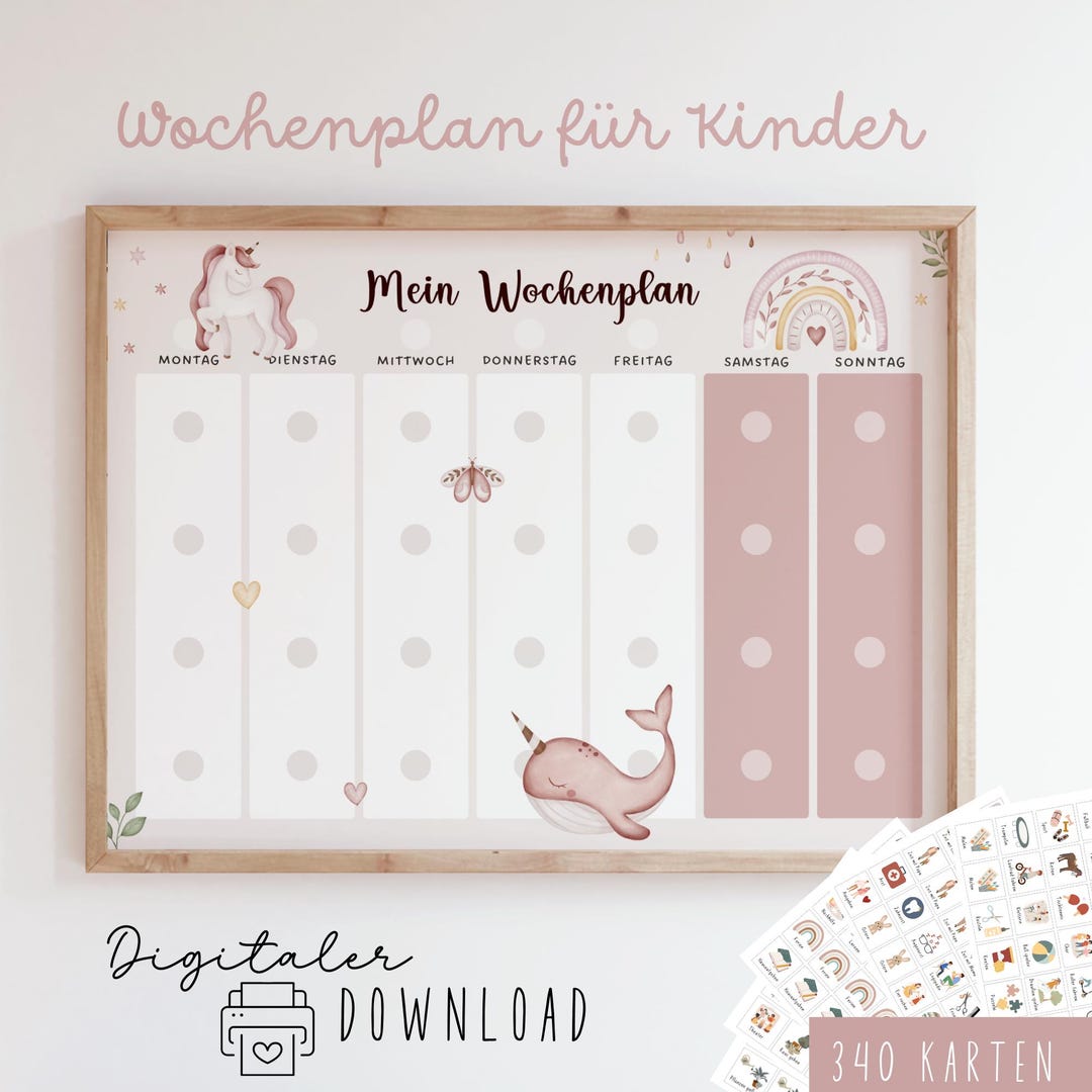 Wochenplan für Kinder zum Ausdrucken Einhorn und Wal visuelle