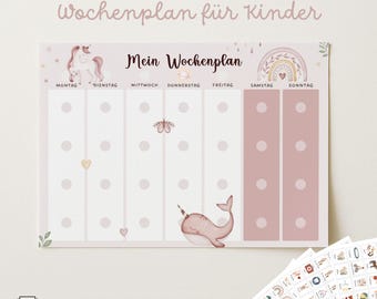 May include: A weekly planner chart titled Wochenplan für Kinder and Mein Wochenplan, featuring a unicorn, rainbow, and narwhal illustration in soft pink tones. It includes columns for days of the week and a separate sheet with 340 small activity cards.