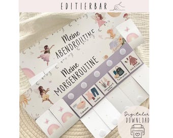 May include: A white and lavender routine chart with the text "Meine ABENDROUTINE" and "Meine MORGENROUTINE". The chart features illustrations of fairies, rainbows, and icons for daily tasks. The words "Digitaler DOWNLOAD" are also visible.