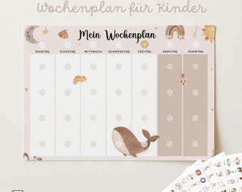 May include: A weekly planner chart titled Mein Wochenplan with seven columns for days of the week, featuring illustrations of a whale, butterfly, and sun. Below, a stack of cards labeled 340 KARTEN displays various icons. The design uses a neutral beige and white color palette.