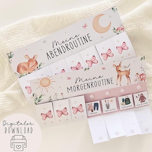 Może przedstawiać: Dwie drukowane tabele rutynowe z ilustracjami jelenia, słońca, księżyca, motyli oraz tekstem "Meine ABENDROUTINE" i "Meine MORGENROUTINE". Tabele mają miejsca na zadania takie jak "Anziehen" i "Zähne putzen".