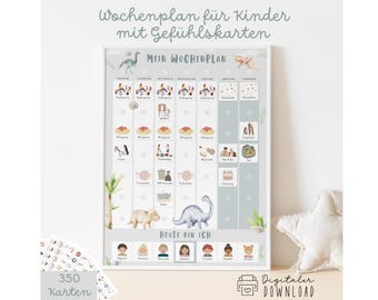 Wochenplan Kinder A3 mit Gefühlskarten zum Ausdrucken Montessori Routineplan Dino mit 350 Symbolen für mehr Struktur im Alltag Druckvorlage