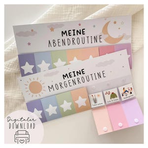 Morgen & Abendroutine Kinder Bunt, Morgenroutine Plan, Tagesplan Download,Routineplaner Vorlage Montessori zum Ausdrucken
