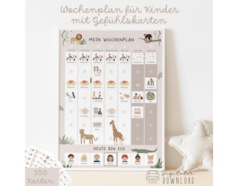 Wochenplan Kinder A3 mit Gefühlskarten zum Ausdrucken Montessori Plan Dschungel mit 350 Symbolen für mehr Struktur im Alltag Druckvorlage