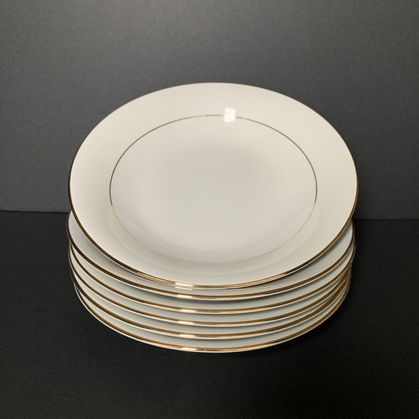 VICTORIA by Lynns Fine China Porcelain Coupe Soup Bowls with Gold Trim and Verge on White, Discontinued, Set of Six (6)