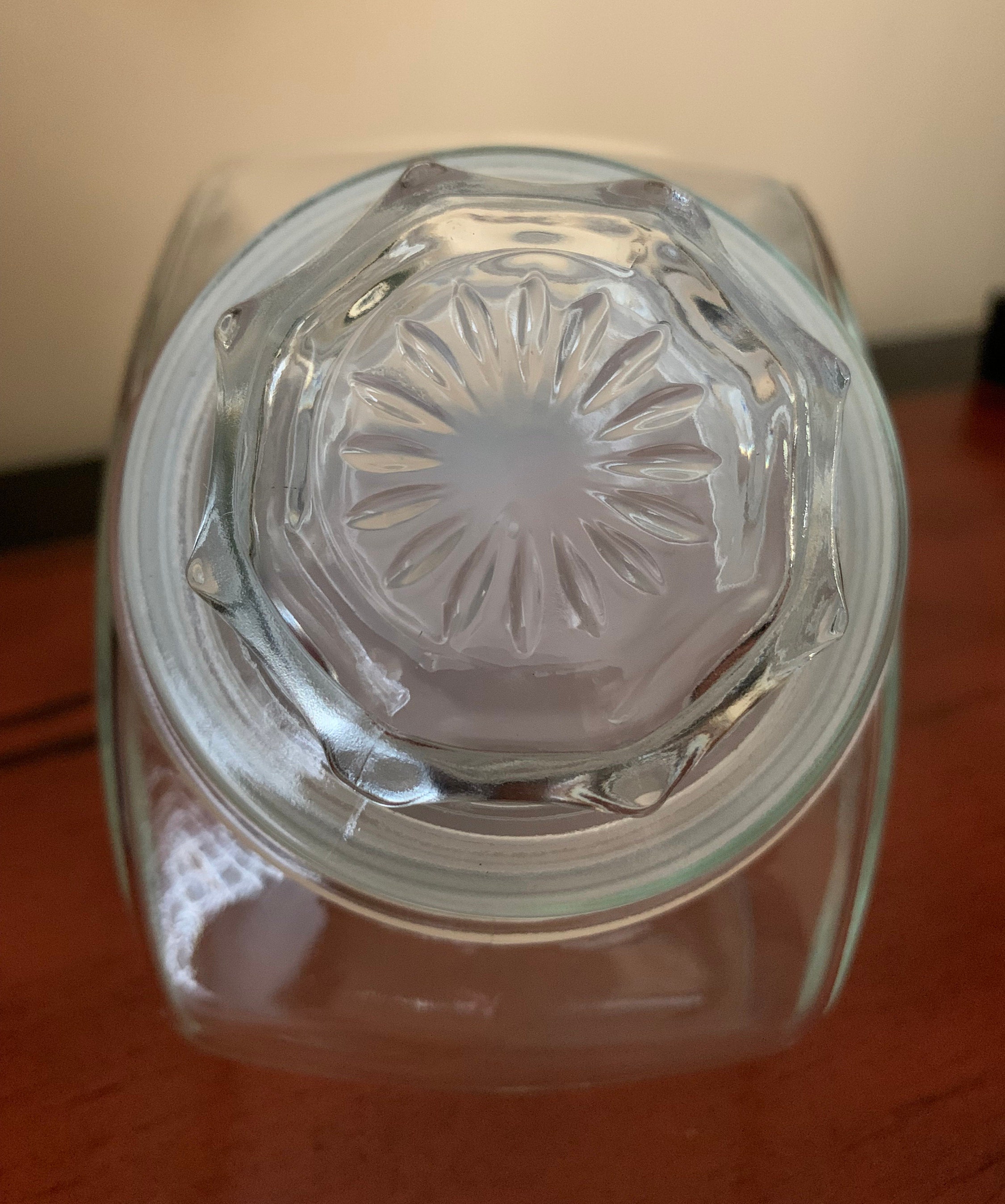 Vintage Drug Store Penny Candy Jar With Lid, Clear Glass Tilted Apothecary Jar, Inner Plastic