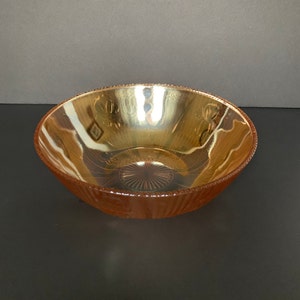 Vtg Jeannette Glass Iris and Herringbone Iridescent Carnival Glass 8&quot; Beaded Rim Bowl, Serving Bowl, Fruit Bowl