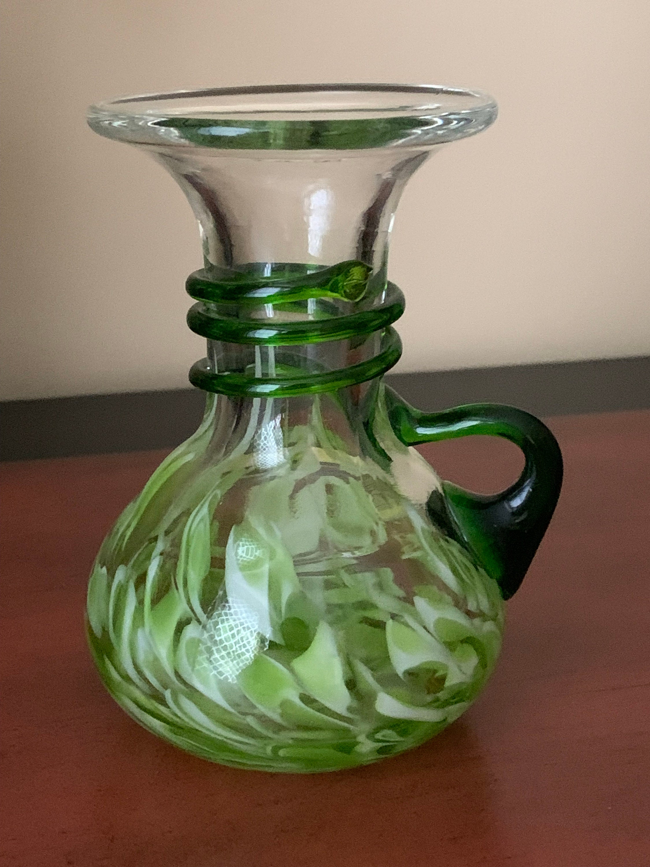 Art Glass Hand Blown Murano Style Green and White Spatter Vase 