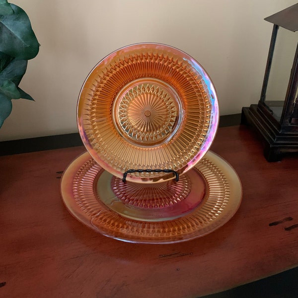 Jeannette Glass Anniversary Iridescent Carnival Glass Marigold Orange Dinner Plate and Soup Bowl, Vintage 1960s
