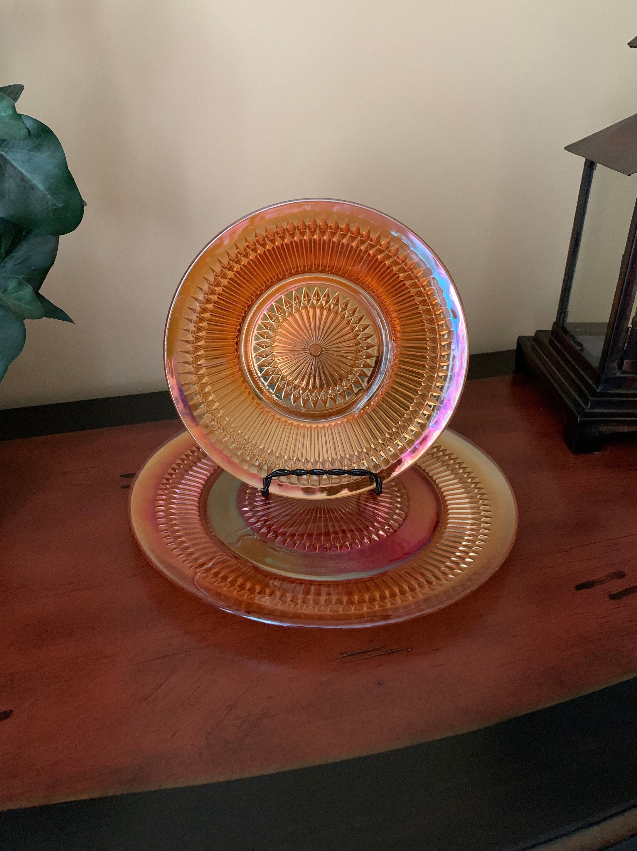 Jeannette Glass Anniversary Iridescent Carnival Glass Marigold