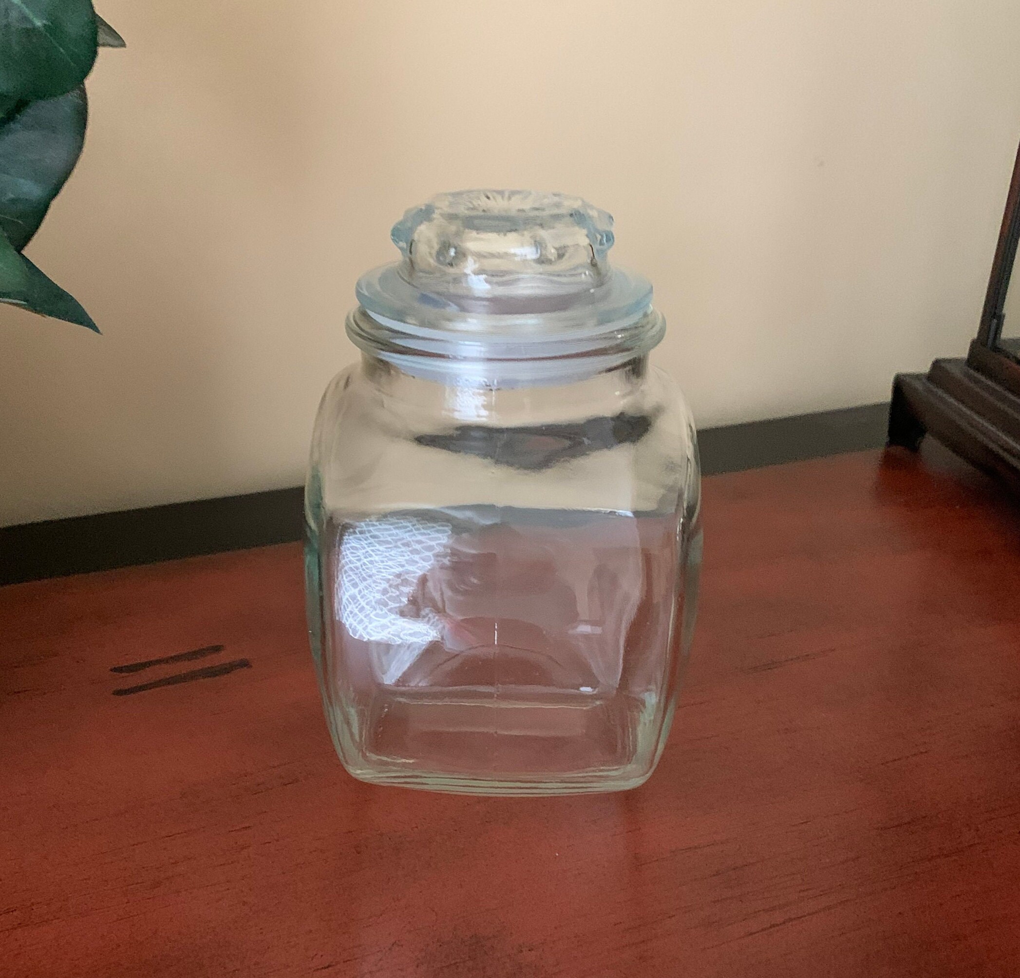 Vintage Drug Store Penny Candy Jar With Lid, Clear Glass Tilted Apothecary Jar, Inner Plastic