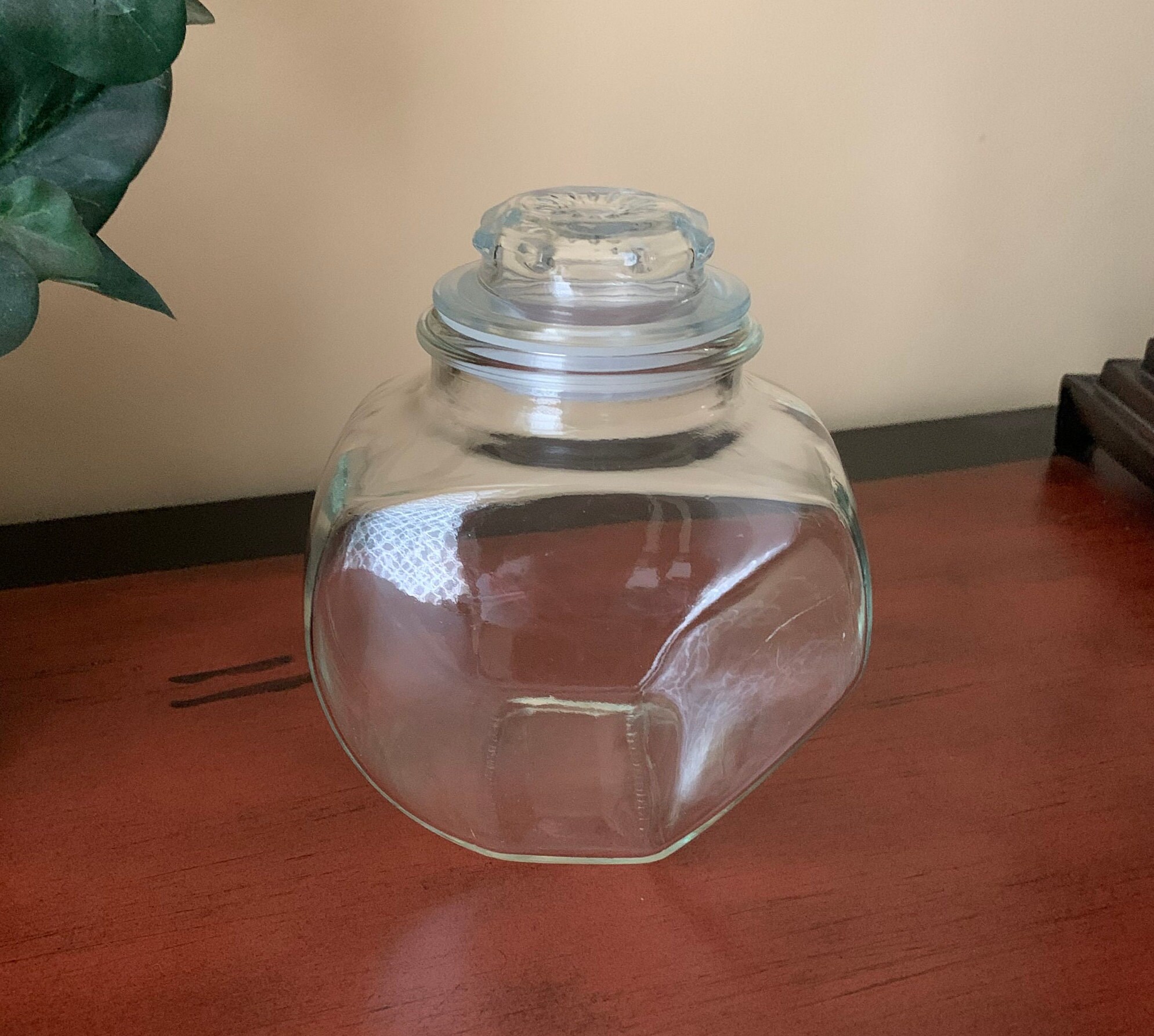 Vintage Drug Store Penny Candy Jar With Lid, Clear Glass Tilted Apothecary Jar, Inner Plastic
