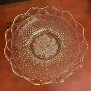 Vintage Imperial Glass Bowl: Open Lace Edge, Diamond Point, Frosted Roses