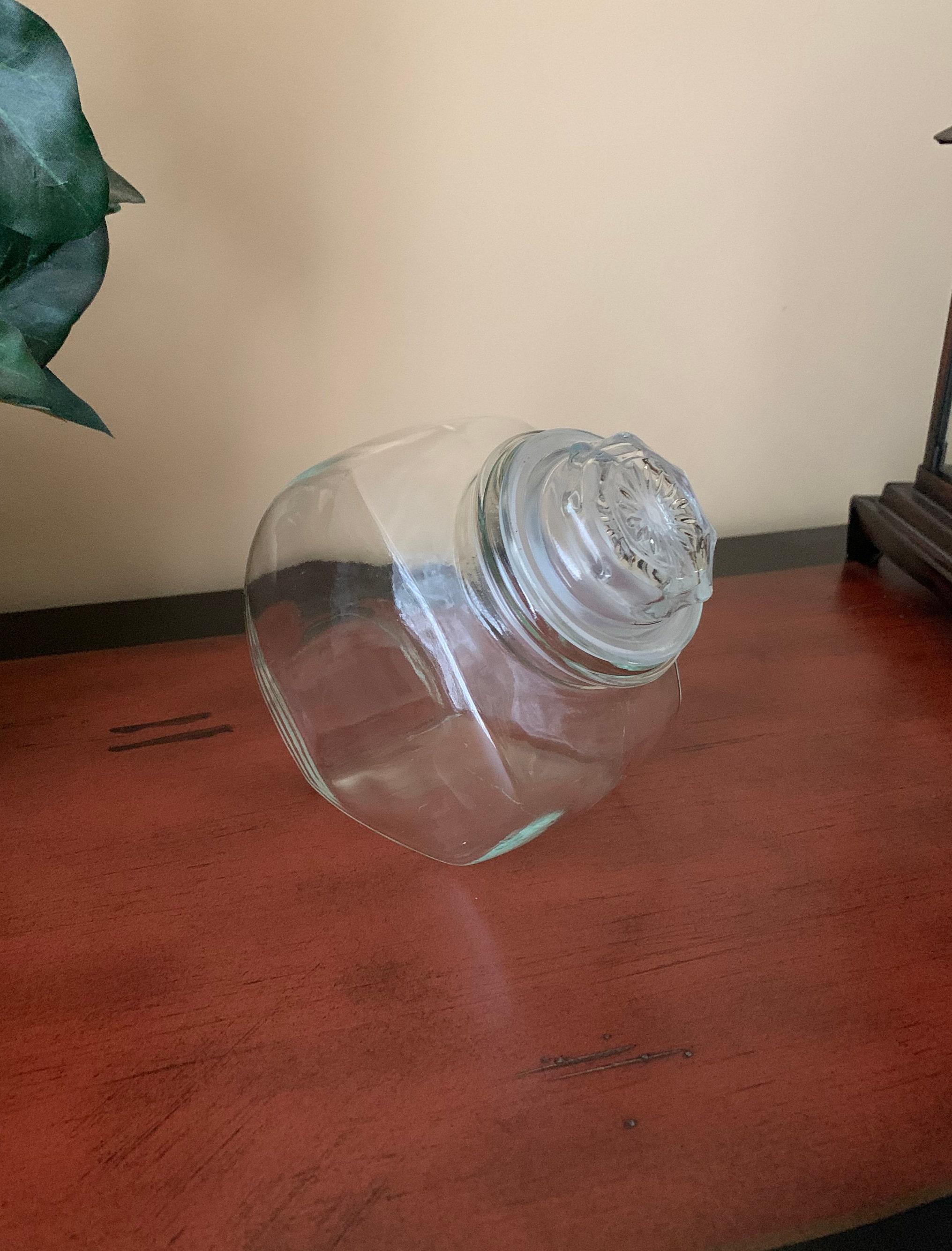 Vintage Drug Store Penny Candy Jar With Lid, Clear Glass Tilted Apothecary Jar, Inner Plastic