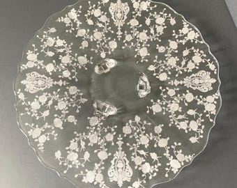 Cambridge Glass Rose Point Etched Crystal 3-Footed Cake Plate 11.75" Torte Platter, Vintage
