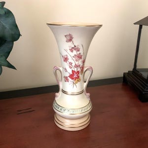 Cream-Colored Urn-Style Vase with Handles, Floral Design with Gold Guild, Vintage Ceramic