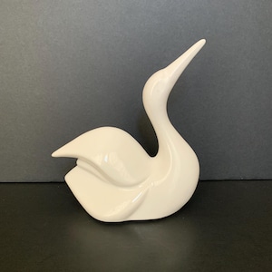 Vintage White Glazed Porcelain Swan Figurine, Made in Brazil, Art Deco Bird Figure