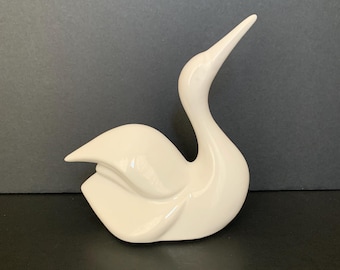 Vintage White Glazed Porcelain Swan Figurine, Made in Brazil, Art Deco Bird Figure