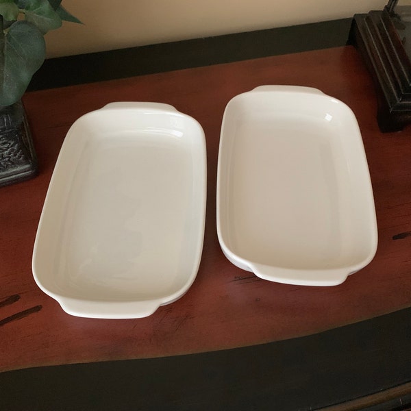 Vintage WP USA Pottery Shallow Baking Dishes with Handles, Rectangular Au Gratin, Set of Two (2)