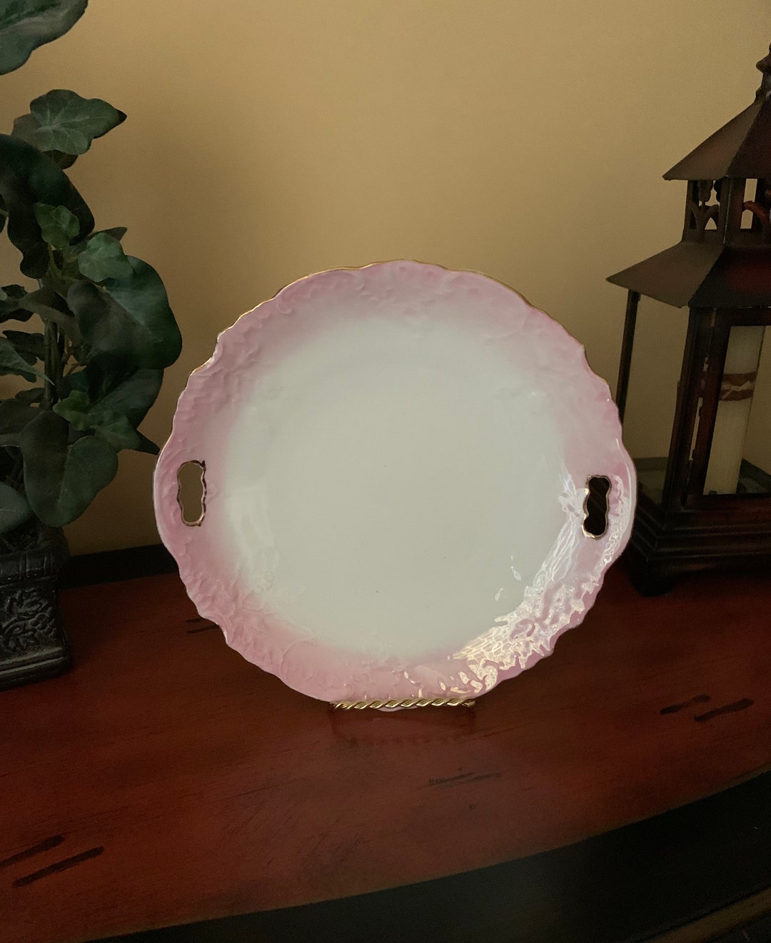 Antique White Porcelain Plate With Pink Ombre Rim, Gold Accents and ...