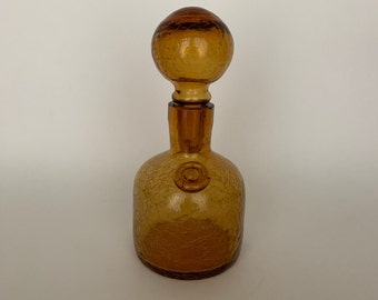 Vtg Amber Crackle Glass Decanter with Ball Shaped Stopper by Rainbow Glass Co, Decorative Glass, Glass Art, Barware