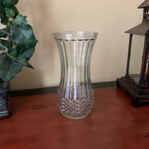 Vintage Hossier Glass Clear Vase Ribbed and Fluted with a Diamond Point Pattern #4088-A  8.5" Tall, Art Deco, Mid-Century Modern