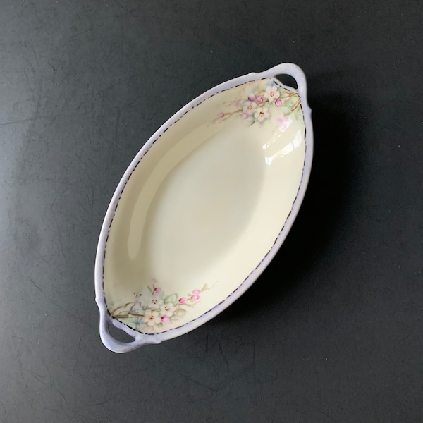T & V Limoges France Oval Dish with Cutout Handles, Vintage Candy Dish, Vanity Tray, Trinket Dish, Catchall
