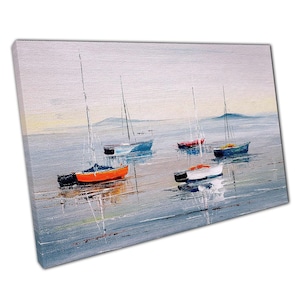 Serene Sailing Boats Oil Painting Canvas Print: Neutral Toned Coastal Art for Home & Office Decor