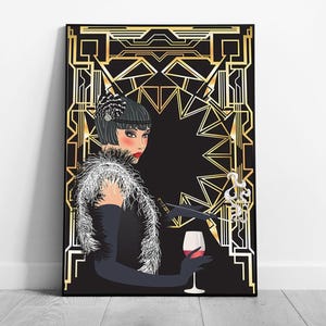 Stampa artistica da parete con illustrazione digitale di una splendida donna flapper in stile Art Déco degli anni '20 su carta incorniciata.