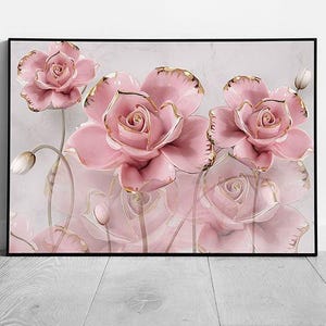 Stampa artistica da parete con eleganti rose rosa e oro 3D che si riflettono su marmo grigio - Illustrazione incorniciata