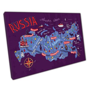 Stampa su tela con mappa della Russia colorata raffigurante i cartoni animati: un'originale decorazione murale per casa, ufficio e aula.