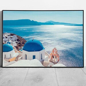 Santorini Island Greece Seascape: Framed Wall Art Print with Traditional Blue-White Architecture