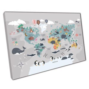 Toile éducative carte du monde animal : décoration colorée de chambre d'enfant pour chambre d'enfant, salle de jeux, salle de classe