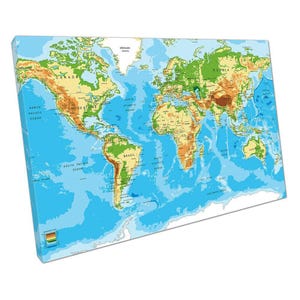 Stampa artistica su tela con mappa del mondo, città blu, verdi e gialle, oceani, decorazione per casa e ufficio