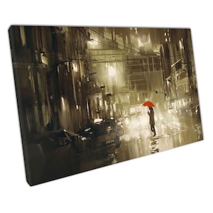 Rainy Night Street Scene Wall Art - Woman with Red Umbrella Print for Home Office Decor