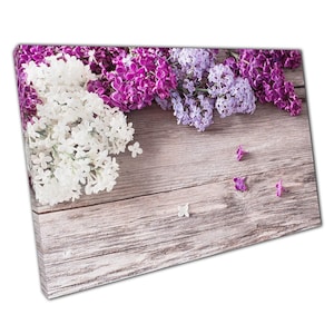 Lilac Purple Floral Canvas Art Print on Rustic Wooden Boards for Home Office Decor