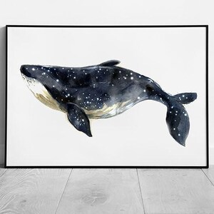 Grande stampa ad acquerello di una balena blu incorniciata - Design del cielo stellato cosmico