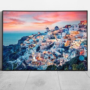 Enchanting Santorini Sunset: Greek Island Paradise Spring Evening Framed Wall Art Print on Paper