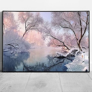 Snowy Woodland Forest with Frozen Lake Wall Art Print  Winter Wonderland Decor