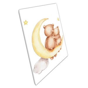 Stampa artistica su tela acquerello con orsetti dei cartoni animati su luna crescente per la decorazione della cameretta dei bambini