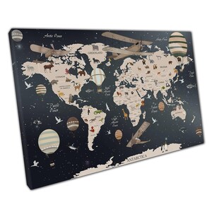 Toile carte du monde animal colorée : oeuvre d'art murale éducative pour chambre d'enfant, chambre d'enfant, salle de classe et décoration d'intérieur