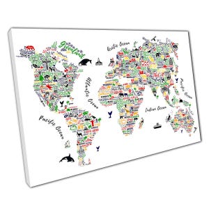 Kleurrijke canvaskunst wereldkaart voor kinderkamer, educatieve muurprint met leuke namen voor thuiskantoor