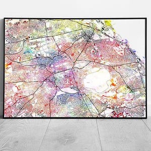 Impression d'art plan des rues du centre d'Édimbourg : décoration murale encadrée à l'aquarelle pour maison écossaise et cadeau